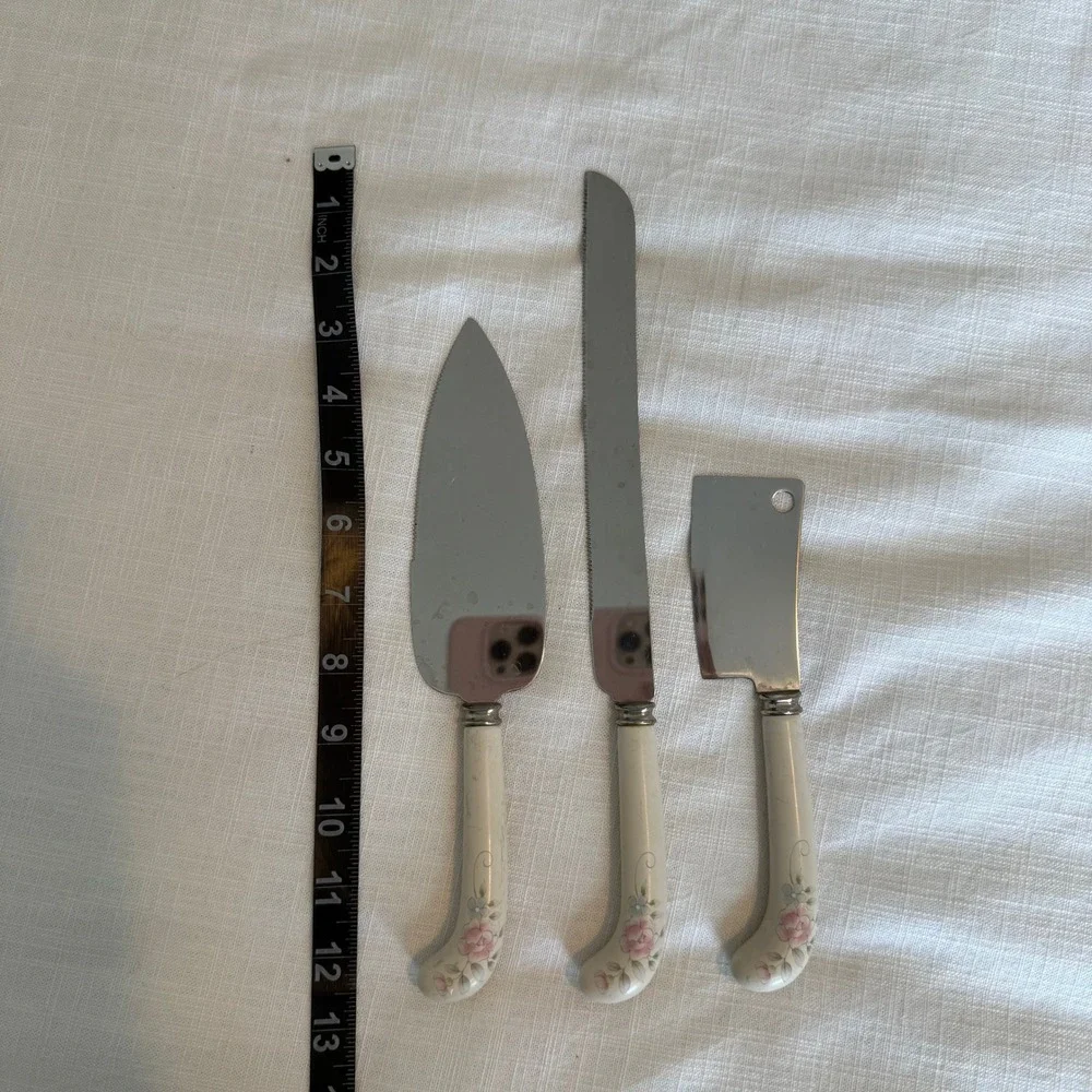 Vintage Sheffield England Floral Serving Set Cake Server Bread Knife Cleaver